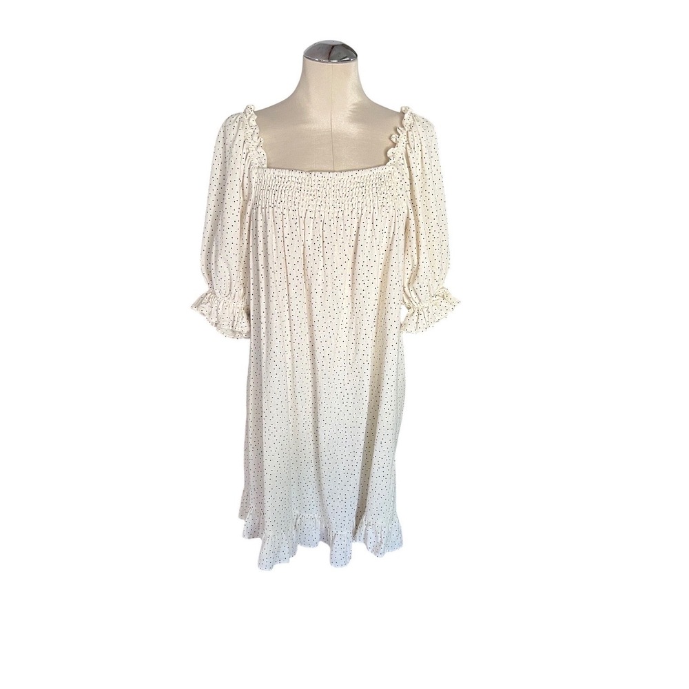 Eloquii Polka Dot Smocked Mini Dress Cream Black Puff Sleeve Size 14/16